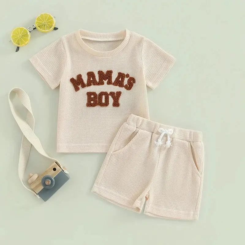 Lioraitiin Summer Baby Boy Clothes Letter Embroidery Short Sleeve T-Shirt Shorts Set 2Pcs Waffle Knit Outfit