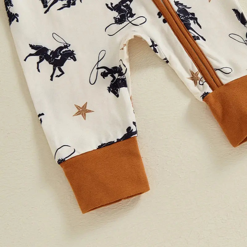 Toddler Baby Boy Zipper Romper Casual Western Cowboy Print Long Sleeve Jumpsuit Infant Fall Outfit