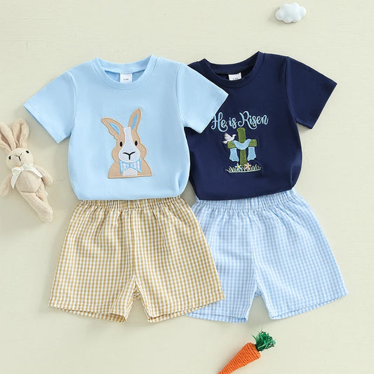 Toddler boy Easter outfit: short-sleeve bunny embroidery tee with plaid shorts for boys 0–3 years
