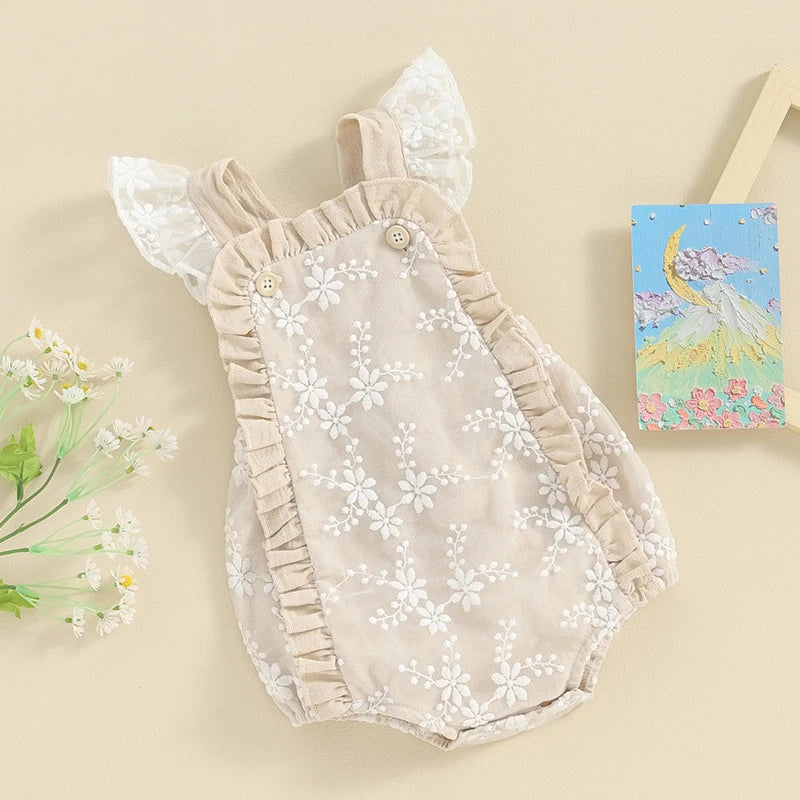 Baby girl lace embroidery romper with frills and fly sleeves – summer jumpsuit for infants 0–12 months