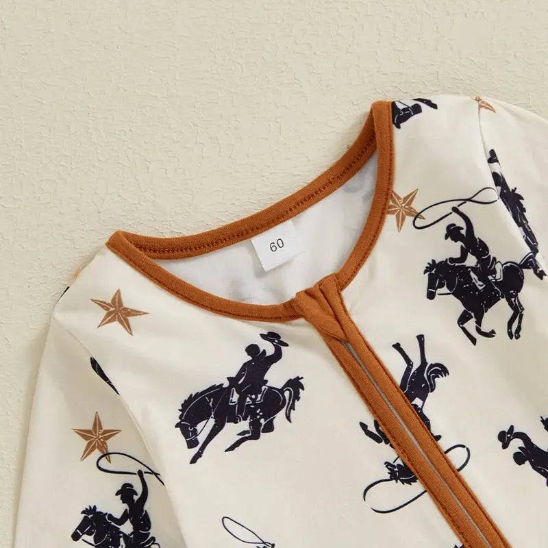 Toddler Baby Boy Zipper Romper Casual Western Cowboy Print Long Sleeve Jumpsuit Infant Fall Outfit