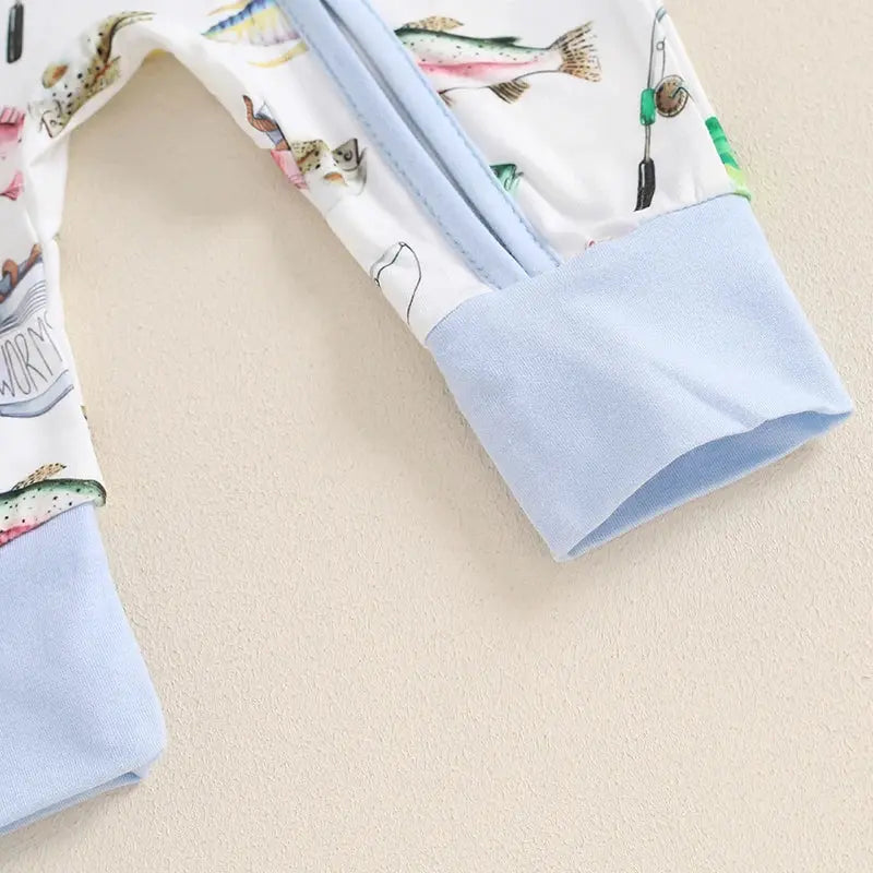 Baby Boys Autumn Casual Romper Long Sleeve Crew Neck Fish Print Oblique Zipper Jumpsuit