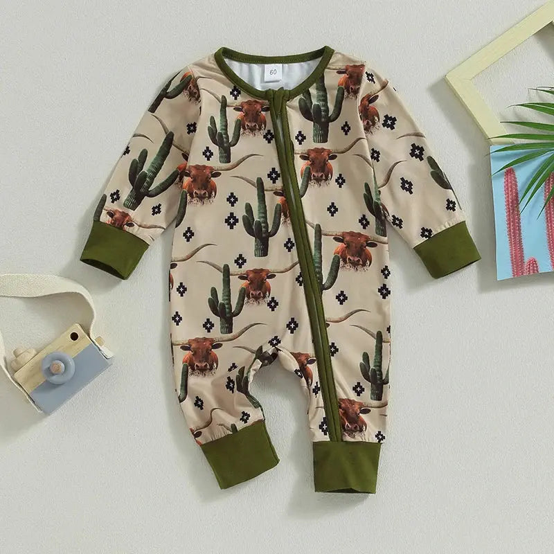 2023-07-18 Lioraitiin 0-12M Infant Baby Boys Jumpsuit Long Sleeve Cow/Horse Print Zipped Autumn Newborn Romper Clothes