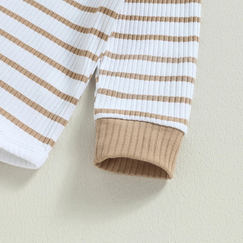 Infant boy fall outfit set: striped long-sleeve romper and matching pants for autumn wear