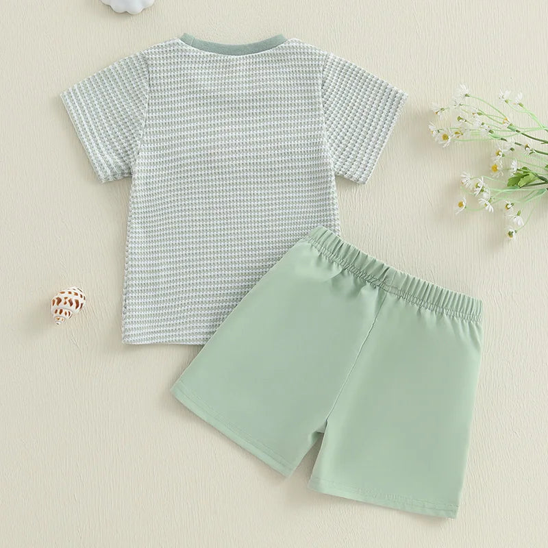 Baby boy summer outfit featuring short-sleeve embroidered fish/duck T-shirt and plaid or solid shorts for toddlers