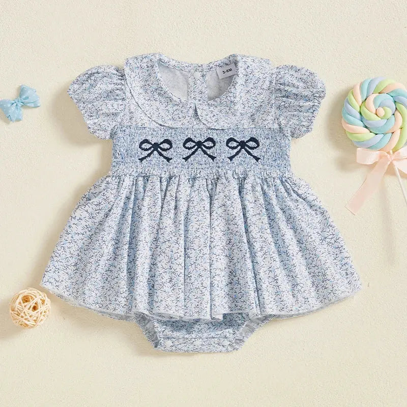 Lioraitiin Summer Baby Girls Romper Dress Short Sleeve Bow Embroidery Floral Print Sweet Romper