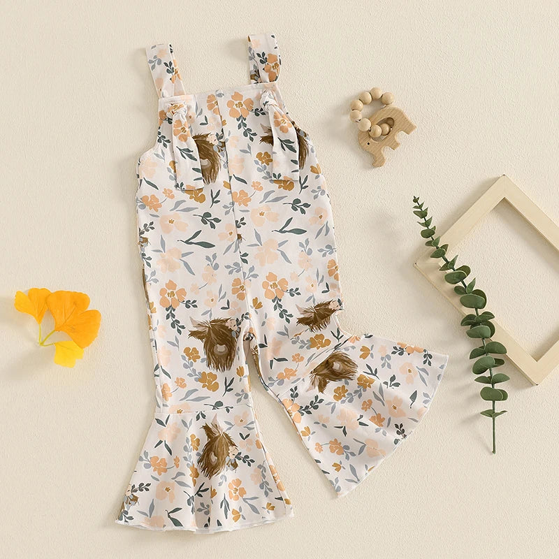 Baby girl cowgirl romper with cow-print bell-bottom overalls and adjustable suspenders – toddler Western outfit