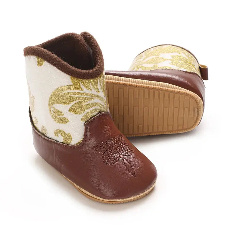 2025 New 0-12 Months Baby Boots Cowboy Boots High Top PU Leather Boots Embroidered Baby Boots