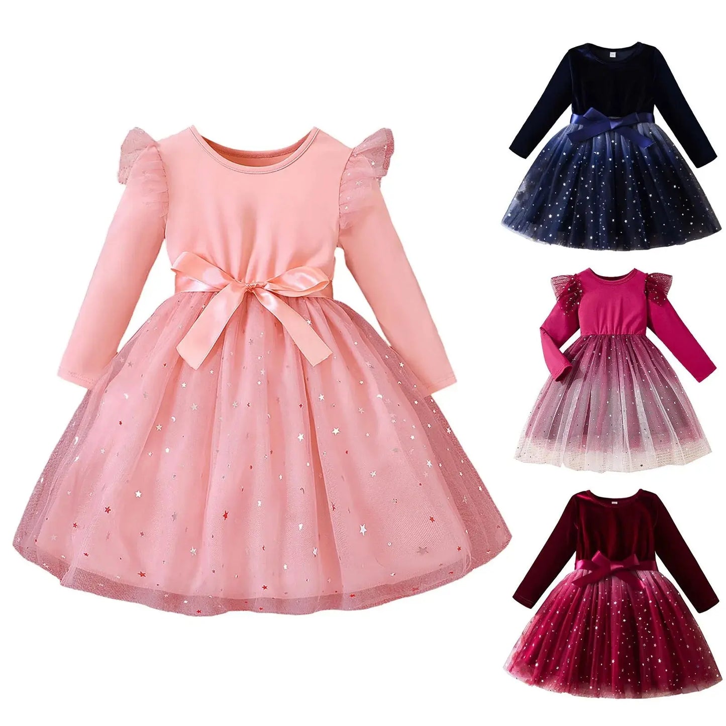 Girls Elegant Dresses Long Sleeve Sequin Design Tulle Bow Dress Christmas New Year Winter Party Girls Dresses