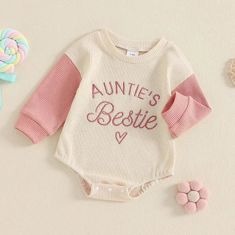 Newborn Baby Girl Clothes Long Sleeve Aunties Bestie Embroidery Romper Waffle Bodysuit Shirt Fall Outfits