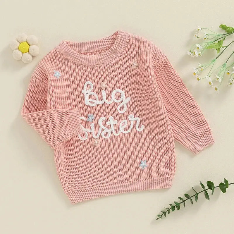 Big Sister Sweaters Cute Long Sleeve Letter Embroidery Knit Pullover Toddler Loose Tops