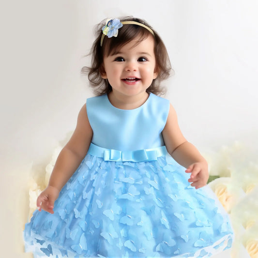 Elegant baby girl party dress with butterfly embroidery, tulle skirt, and bowknot for infant birthdays and pageants