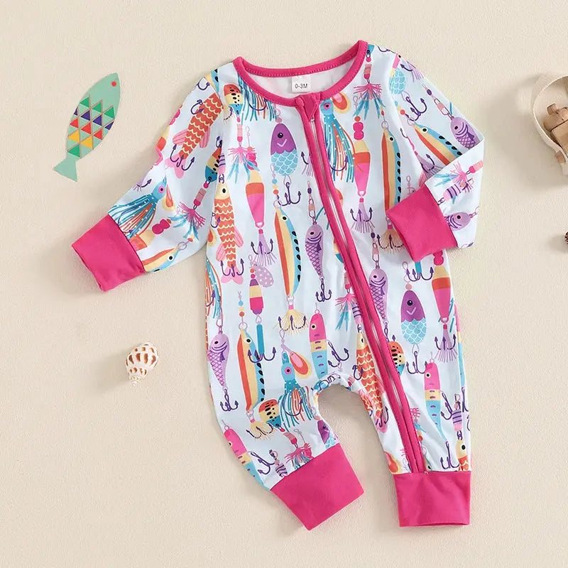 Baby Boys Autumn Casual Romper Long Sleeve Crew Neck Fish Print Oblique Zipper Jumpsuit