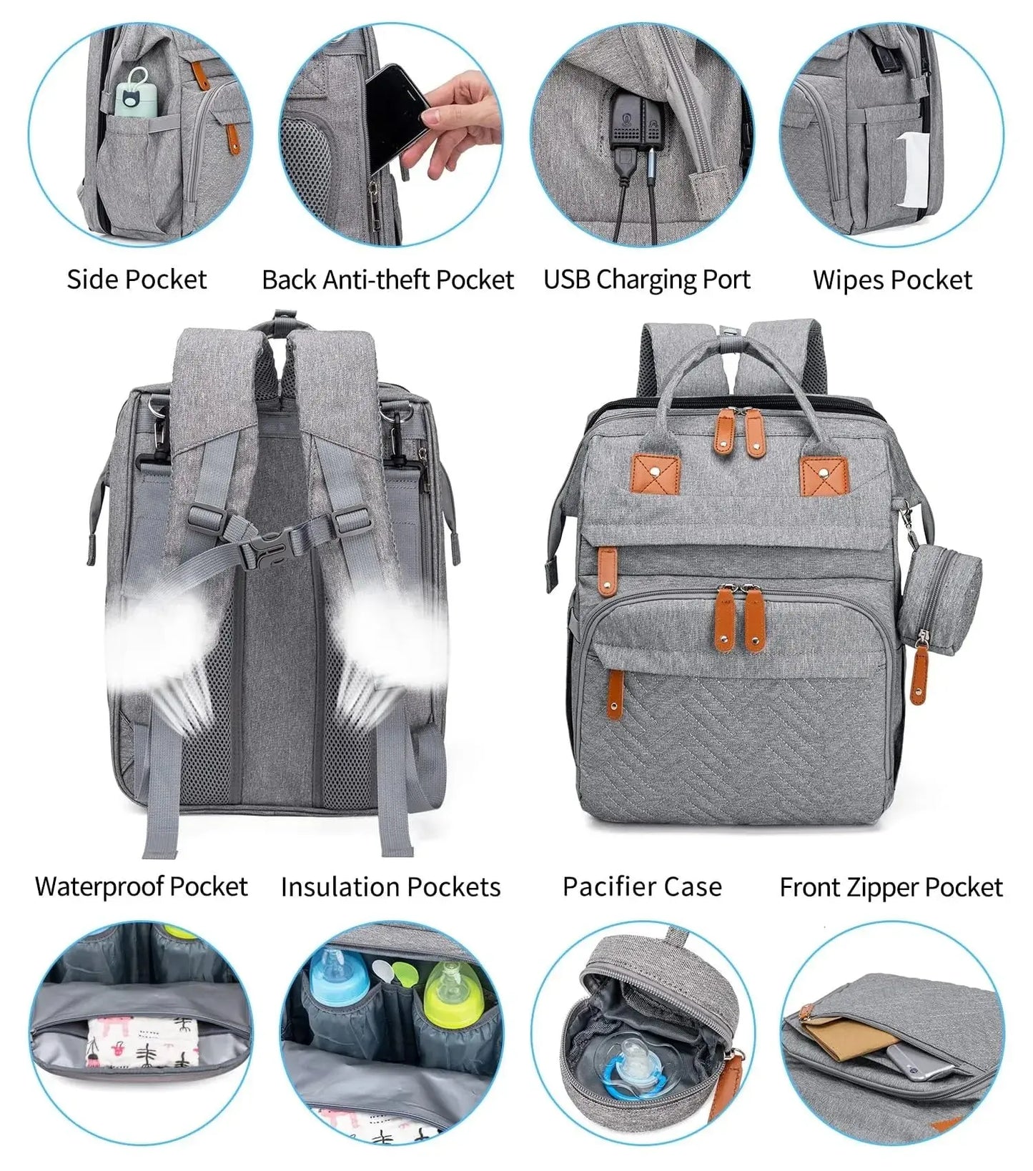 Baby Diaper Bags with Changing Station, Waterproof Large Capacity Diaper Bag Backpack for Moms Dads with USB Charging Port and Stroller Straps, Baby Shower Gifts ，Pink,Green,Blue