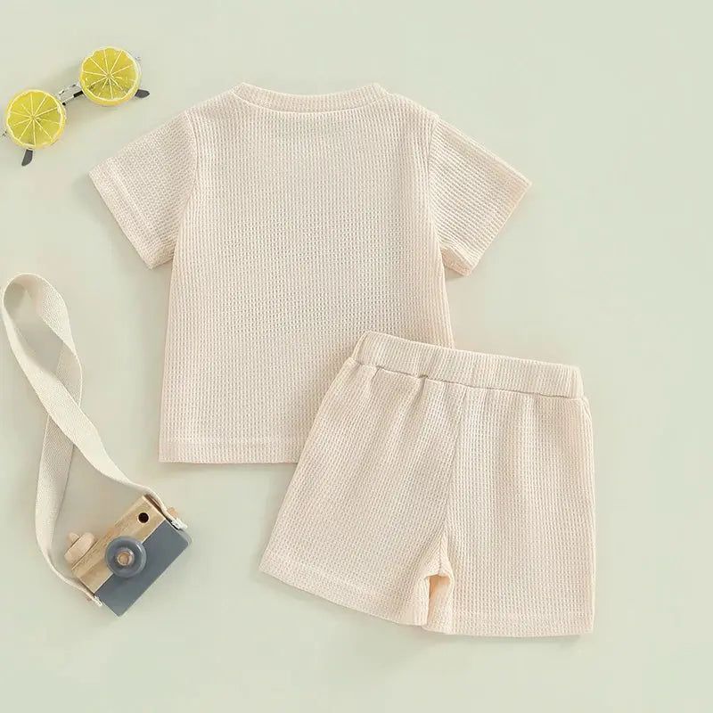 Lioraitiin Summer Baby Boy Clothes Letter Embroidery Short Sleeve T-Shirt Shorts Set 2Pcs Waffle Knit Outfit
