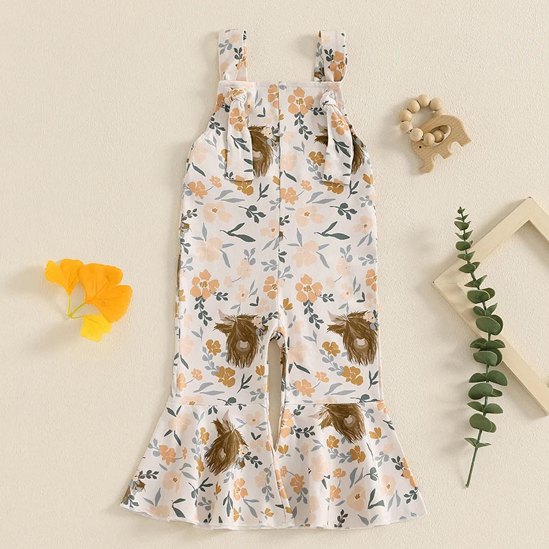 Baby girl cowgirl romper with cow-print bell-bottom overalls and adjustable suspenders – toddler Western outfit