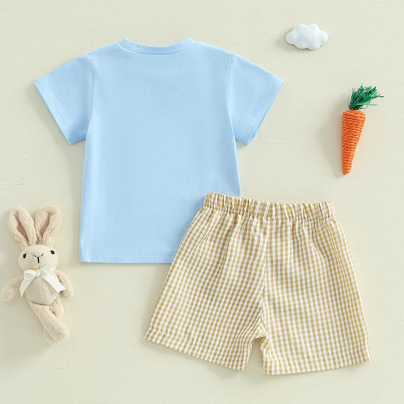Toddler boy Easter outfit: short-sleeve bunny embroidery tee with plaid shorts for boys 0–3 years