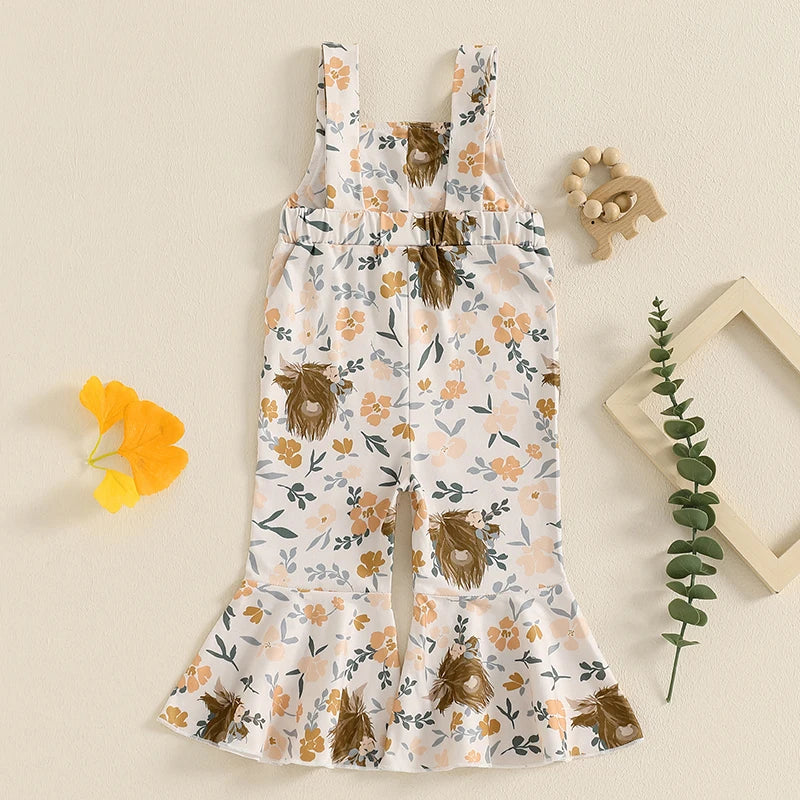 Baby girl cowgirl romper with cow-print bell-bottom overalls and adjustable suspenders – toddler Western outfit