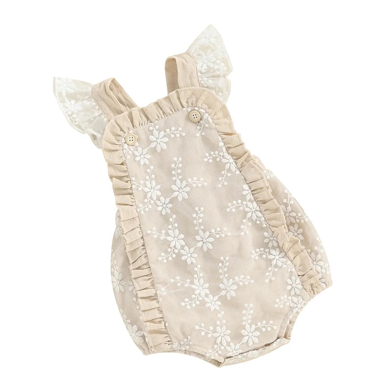 Baby girl lace embroidery romper with frills and fly sleeves – summer jumpsuit for infants 0–12 months