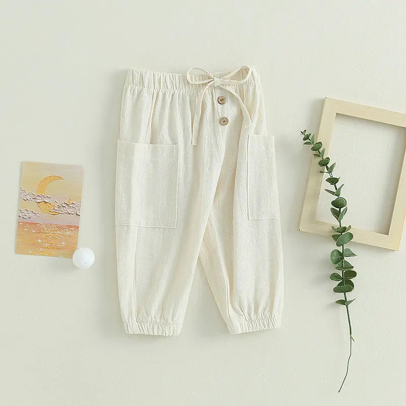 Cotton Linen Casual Baby Pants Toddler Boys Girls Casual Bottom Summer Autumn Solid Drawstring Button Children Pockets Trousers