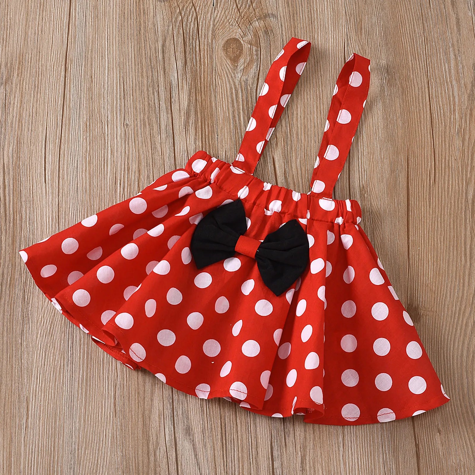 Toddler girl Christmas outfit set – long-sleeve ruffle dot-print top, suspender skirt, and matching headband