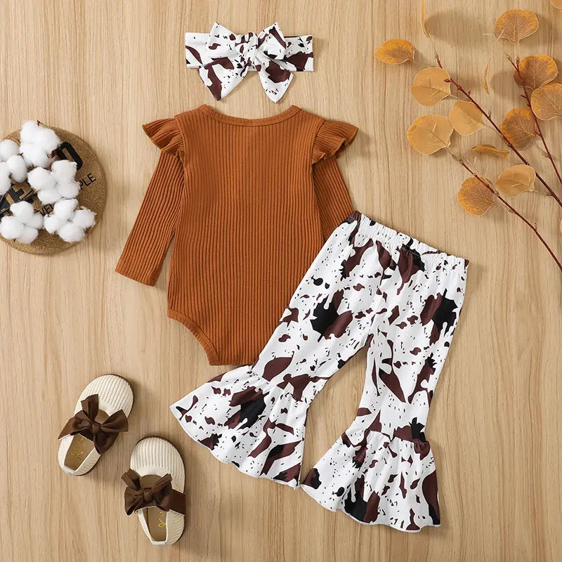 Citgeett Autumn Infant Baby Girls Jumpsuit Solid Color Ribbed Fly Sleeve Romper + Leopard Flare Pants Spring Clothes