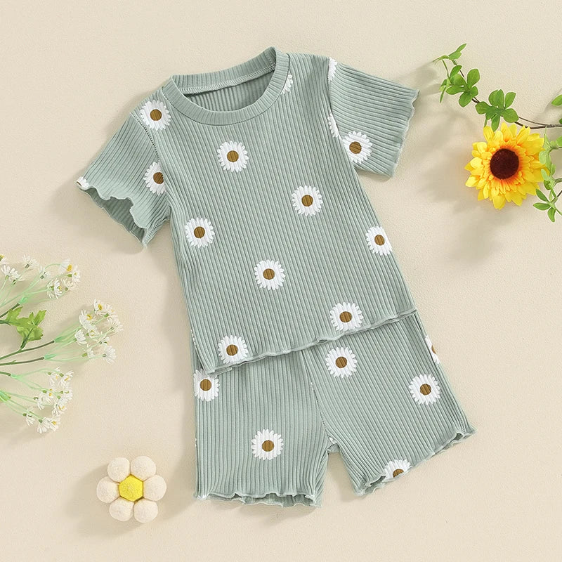 Toddler baby girl summer outfit set with ribbed ruffle short sleeve top and matching shorts – cute infant clothing for girls