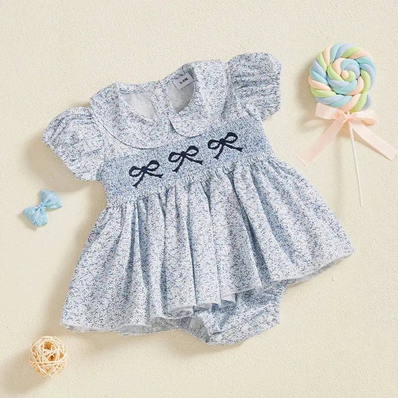 Lioraitiin Summer Baby Girls Romper Dress Short Sleeve Bow Embroidery Floral Print Sweet Romper