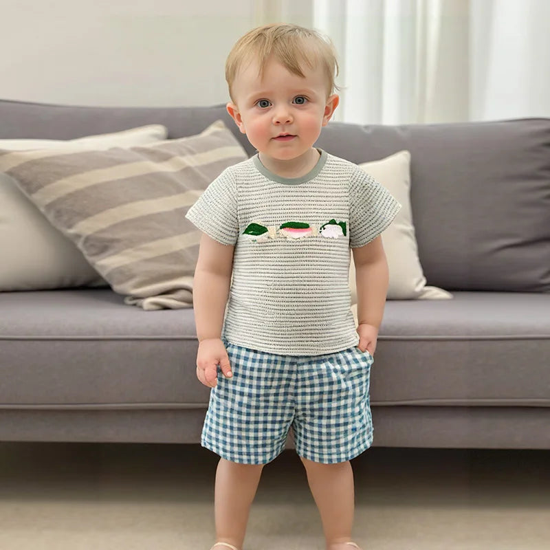Lioraitiin Toddler Baby Boy Summer Set – Fish/Duck Embroidery Shirt + Shorts