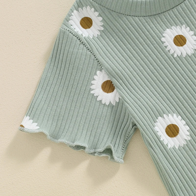 Toddler baby girl summer outfit set with ribbed ruffle short sleeve top and matching shorts – cute infant clothing for girls