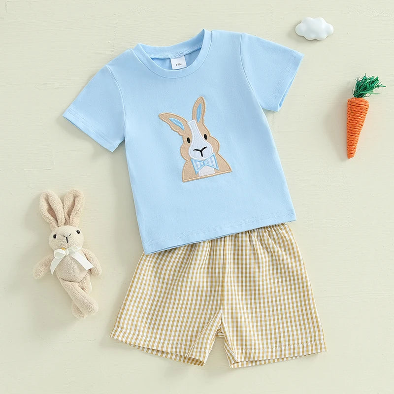 Toddler boy Easter outfit: short-sleeve bunny embroidery tee with plaid shorts for boys 0–3 years
