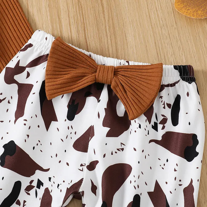 Citgeett Autumn Infant Baby Girls Jumpsuit Solid Color Ribbed Fly Sleeve Romper + Leopard Flare Pants Spring Clothes