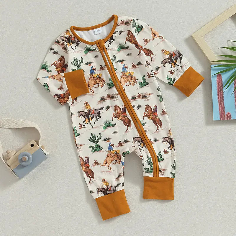 2023-07-18 Lioraitiin 0-12M Infant Baby Boys Jumpsuit Long Sleeve Cow/Horse Print Zipped Autumn Newborn Romper Clothes