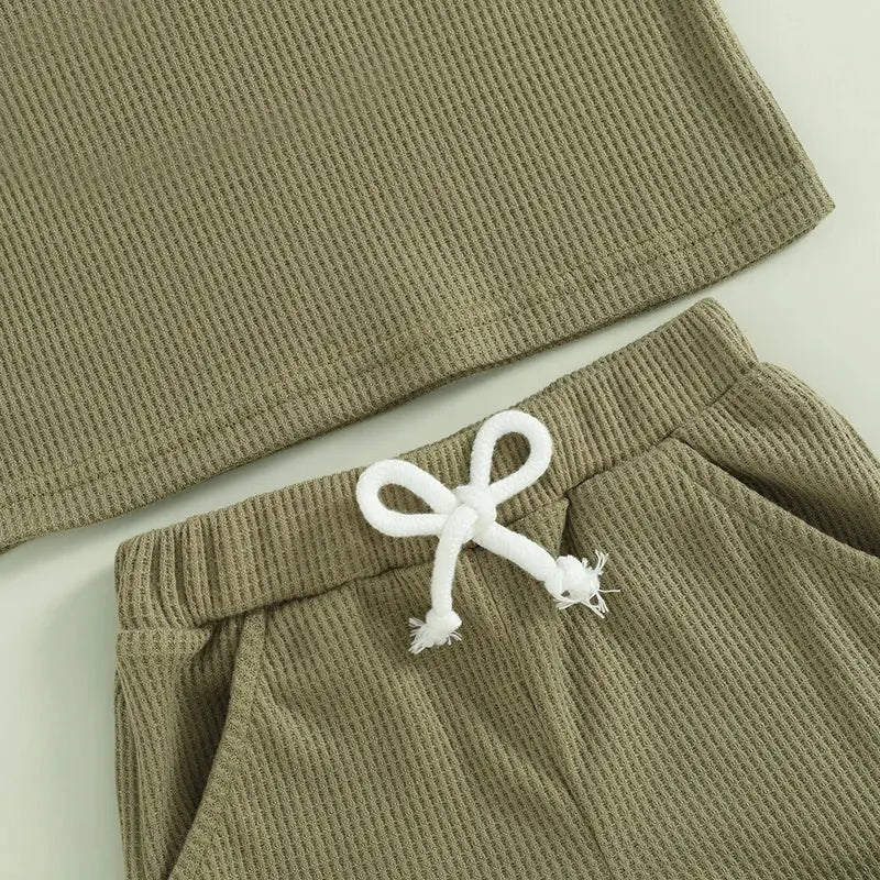 Lioraitiin Summer Baby Boy Clothes Letter Embroidery Short Sleeve T-Shirt Shorts Set 2Pcs Waffle Knit Outfit