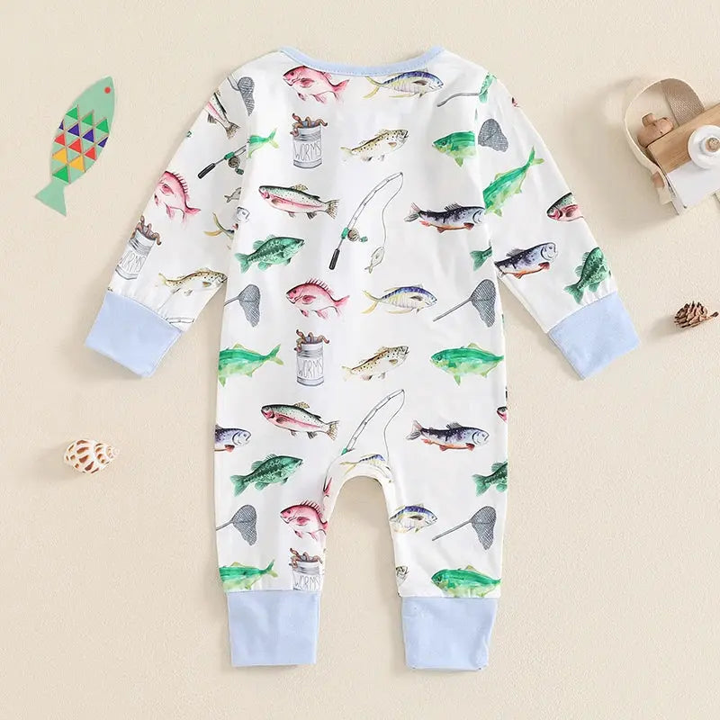 Baby Boys Autumn Casual Romper Long Sleeve Crew Neck Fish Print Oblique Zipper Jumpsuit