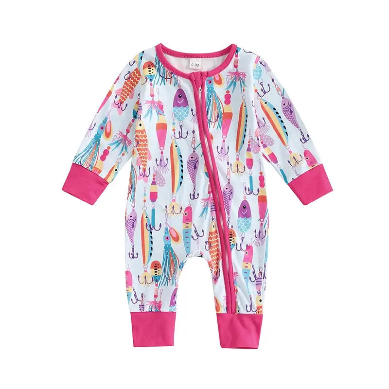 Baby Boys Autumn Casual Romper Long Sleeve Crew Neck Fish Print Oblique Zipper Jumpsuit