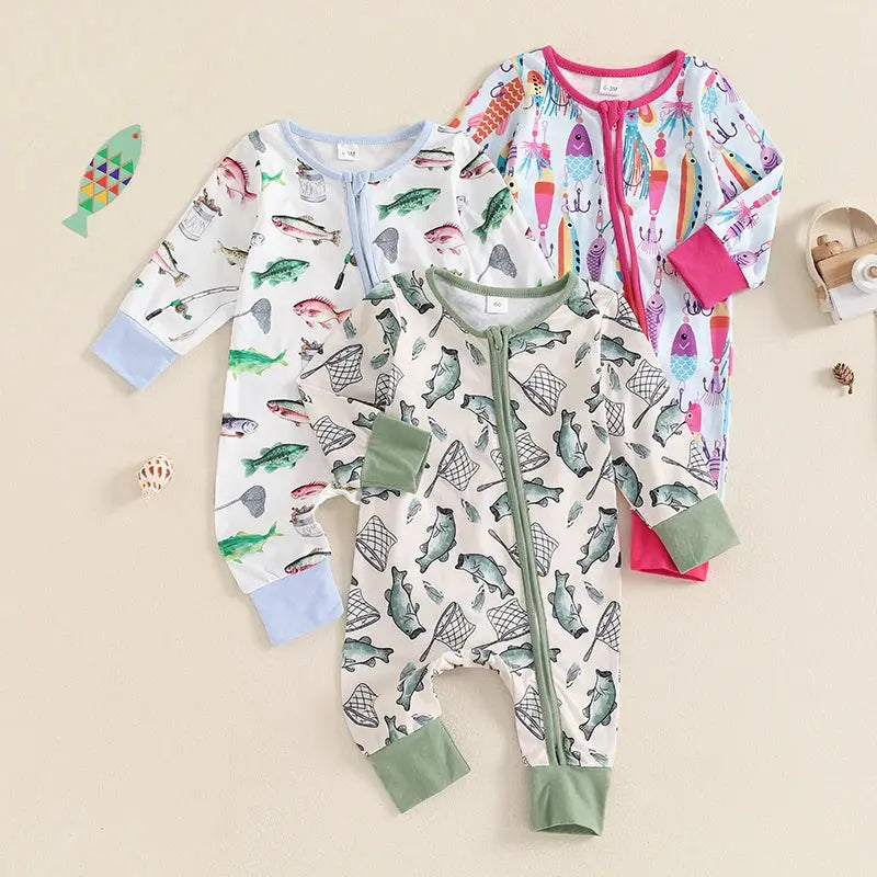 Baby Boys Autumn Casual Romper Long Sleeve Crew Neck Fish Print Oblique Zipper Jumpsuit