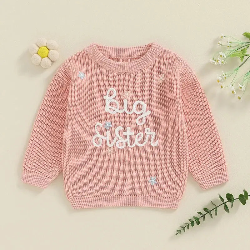 Big Sister Sweaters Cute Long Sleeve Letter Embroidery Knit Pullover Toddler Loose Tops