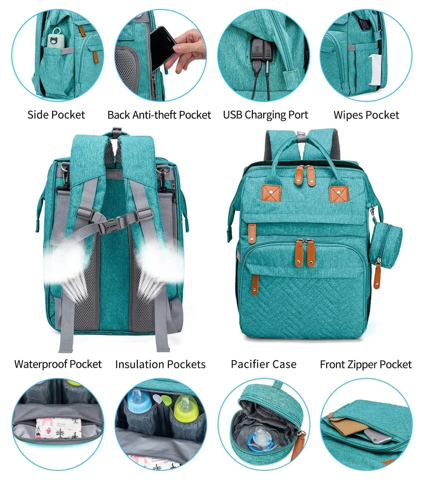 Baby Diaper Bags with Changing Station, Waterproof Large Capacity Diaper Bag Backpack for Moms Dads with USB Charging Port and Stroller Straps, Baby Shower Gifts ，Pink,Green,Blue