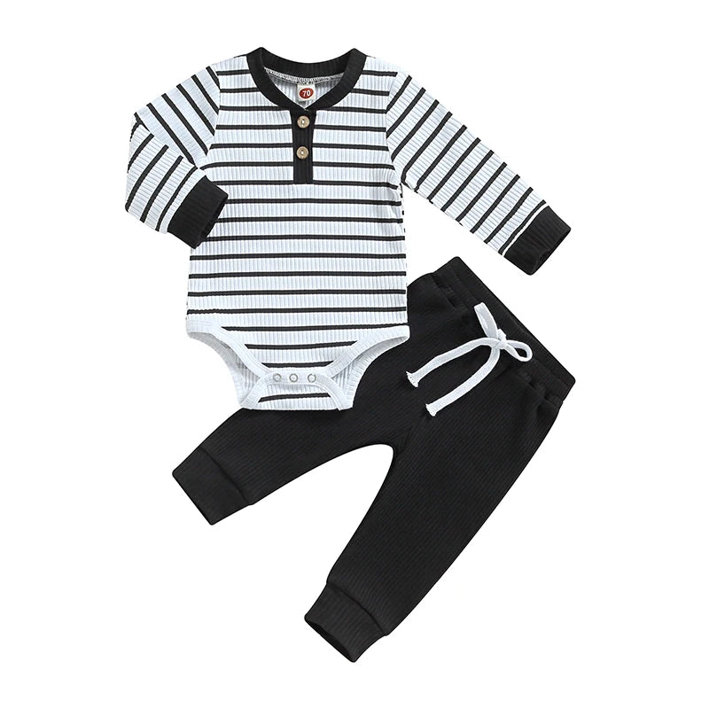 Lioraitiin Infant Baby Boy Fall Outfit – Striped Romper & Pants Set 0–24M