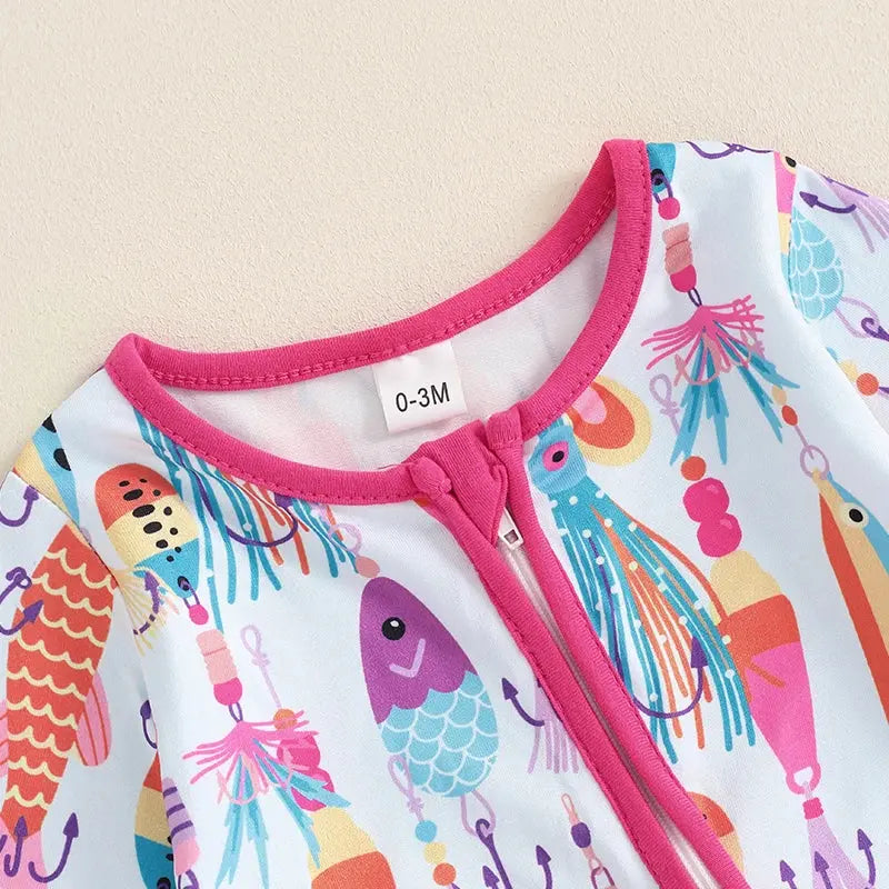Baby Boys Autumn Casual Romper Long Sleeve Crew Neck Fish Print Oblique Zipper Jumpsuit