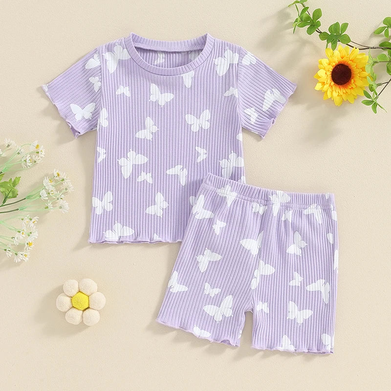 Toddler baby girl summer outfit set with ribbed ruffle short sleeve top and matching shorts – cute infant clothing for girls