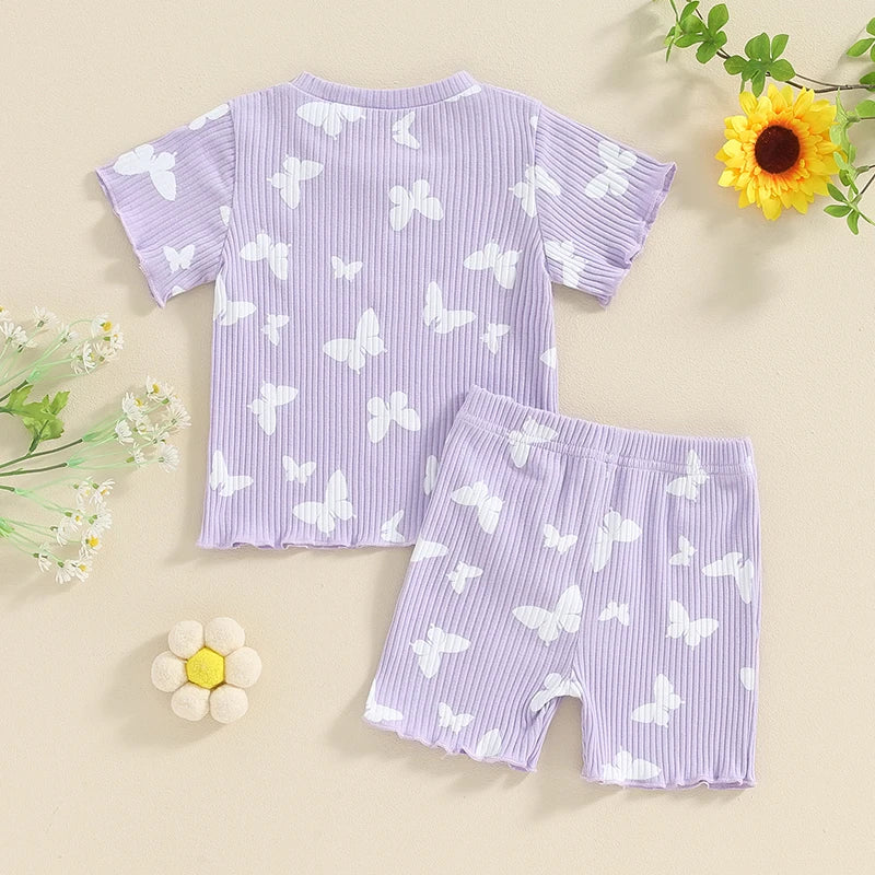 Cute Toddler Baby Girl Summer Outfit – Ruffle Ribbed Knit Top & Shorts Set