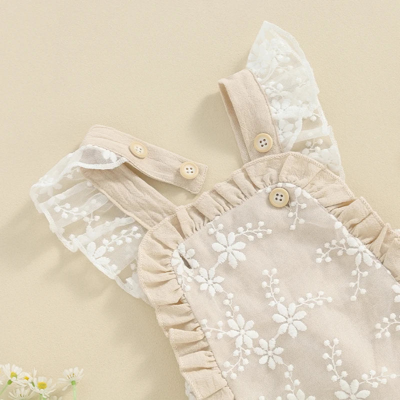 Baby girl lace embroidery romper with frills and fly sleeves – summer jumpsuit for infants 0–12 months