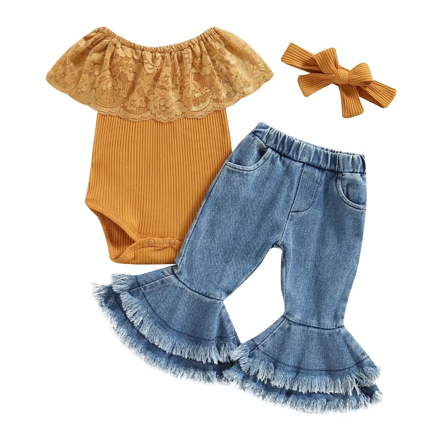 2023-01-07 Lioraitiin 0-24M Infant Baby Girls 3Pcs Summer Pants Set Sleeveless Lace Patchwork Romper with Tasseled Flare Pants
