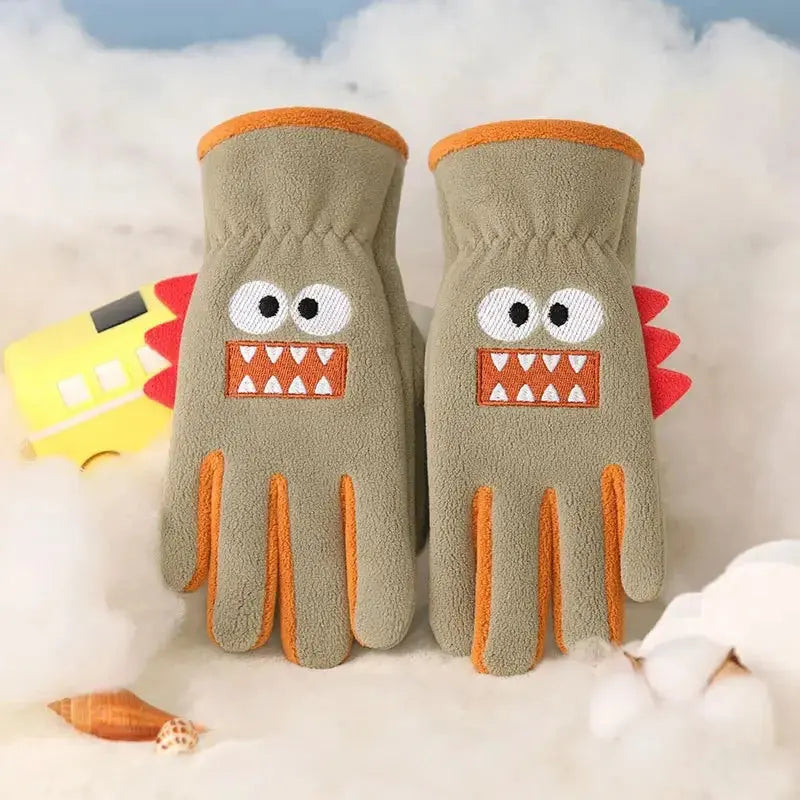 Winter Kids Plush Gloves Outdoor Riding Ski Glove Waterproof Anti-Cold Children Five Finger Mittens 6-12 Year Baby Hand Warmer