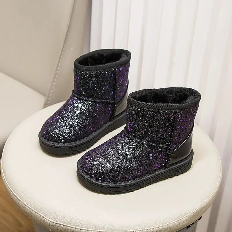 Winter Girl's Snow Boots Glimmer Three Colors Thick Fur Kids Short Boot Warm Beautiful Stylish Slip-on Children Shoes