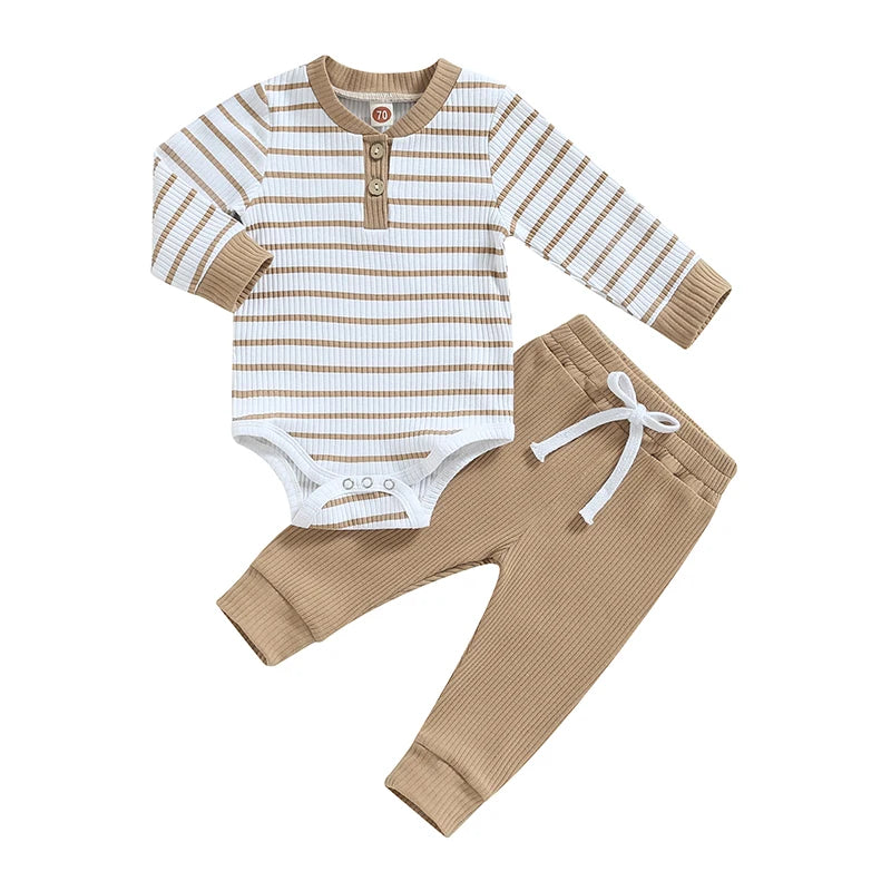 Lioraitiin Infant Baby Boy Fall Outfit – Striped Romper & Pants Set 0–24M