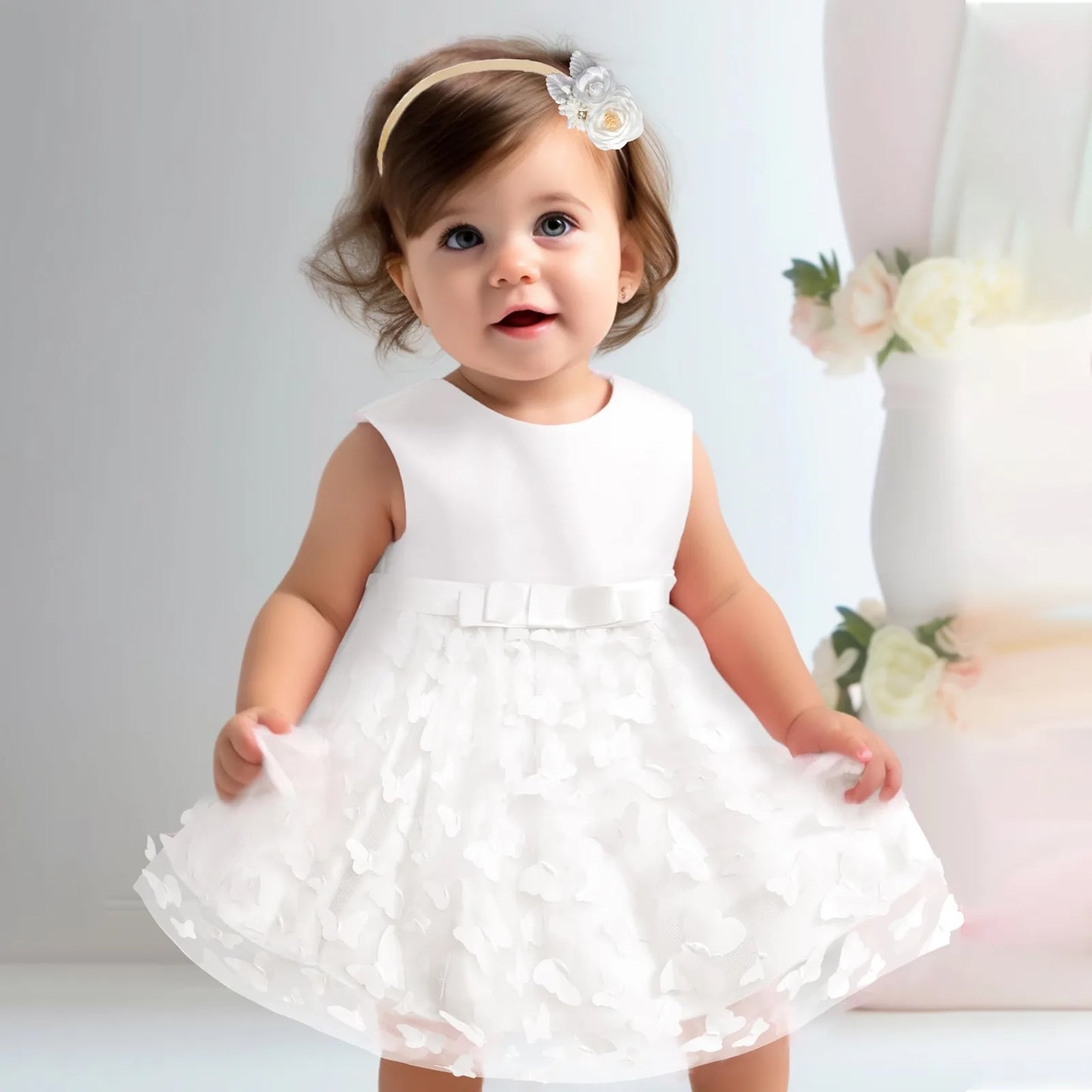 Elegant baby girl party dress with butterfly embroidery, tulle skirt, and bowknot for infant birthdays and pageants