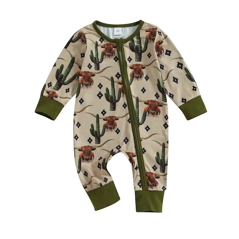 2023-07-18 Lioraitiin 0-12M Infant Baby Boys Jumpsuit Long Sleeve Cow/Horse Print Zipped Autumn Newborn Romper Clothes